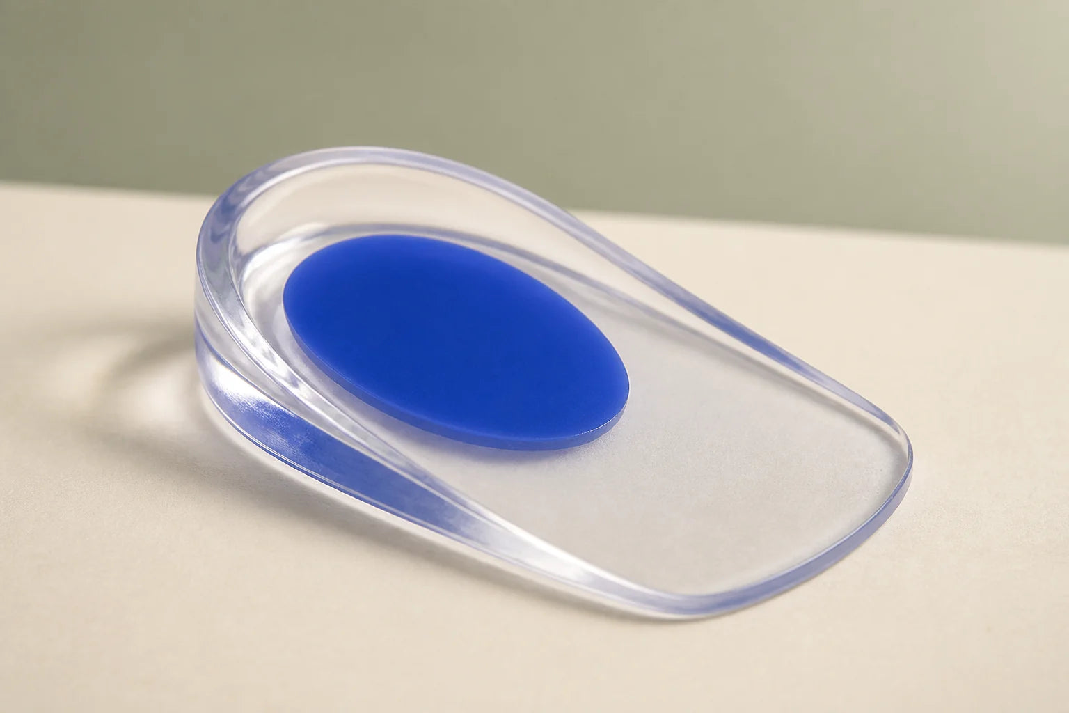 Close-up of the compact clear HeelSaver cup and its colored heel-contact zone